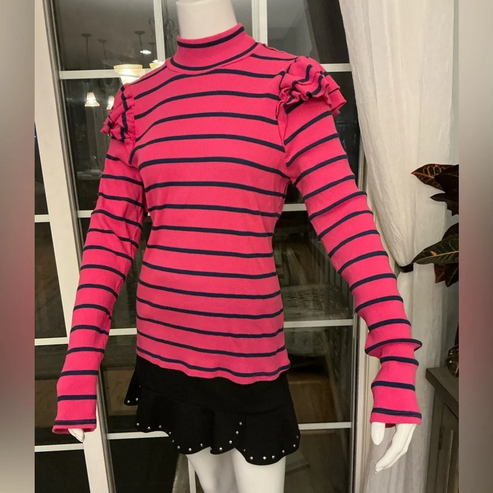 T.La Anthropologie Vibrant Pink Navy Stripe Ruffle Turtleneck Pullover Woman XL - Picture 6 of 11